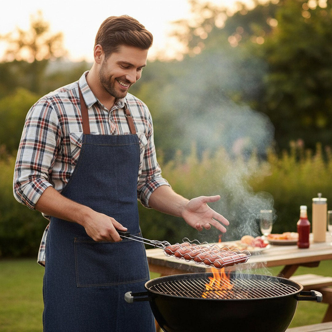 Grillzubehör | Wurst Grillrost mit Hitzebeständigem Holzgriff | Robustes Design für Perfekte Grillgerichte 0