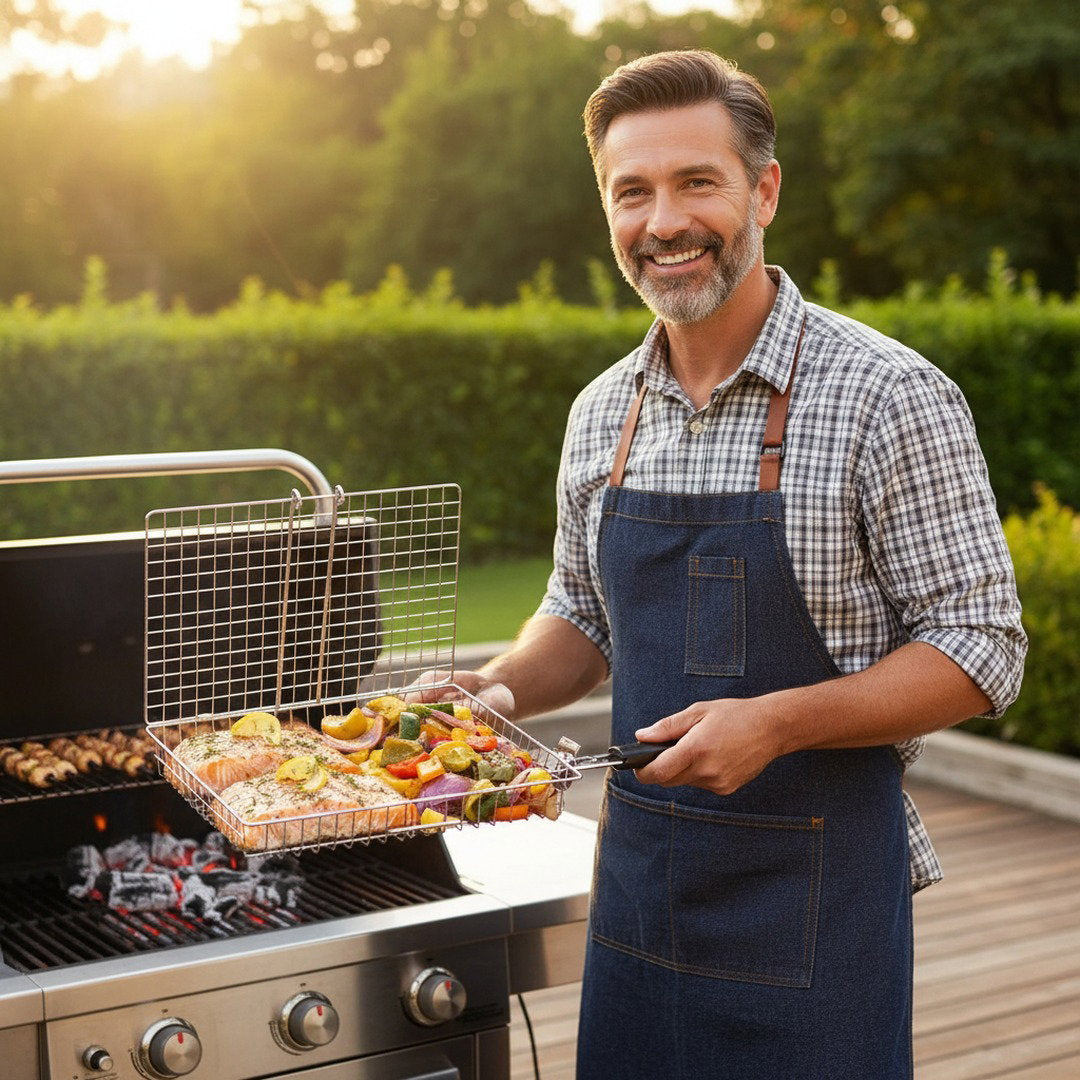Tragbares Grillzubehör | Edelstahl Grillgitter mit Hitzebeständigem Griff | Ideal für Fisch und Gemüse beim Camping 4