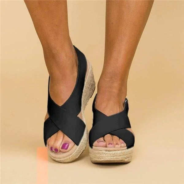 Clara | Schwarze Keilabsatz Schuhe mit Elastischen Riemen | Bequeme Damen Schuhe für Stilvolle Sommer-Outfits 0