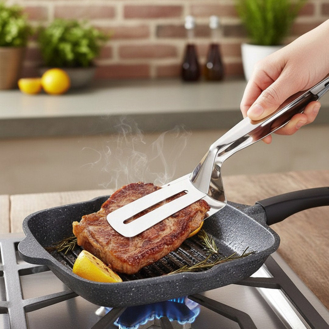 Edelstahl Grillzange | Doppelseitige Schaufelklemme mit All-in-One-Design | Robuste Küchenzange für vielseitige Anwendungen 7