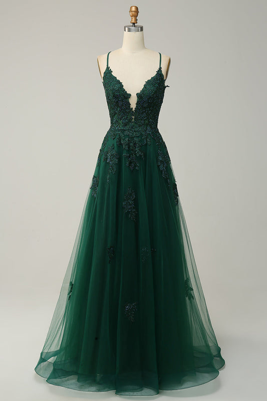 Elegantes Ballkleid in Dunkelgrün mit Spaghettiträgern | A-Linien-Silhouette für Optimalen Komfort und Figurbetonung 0