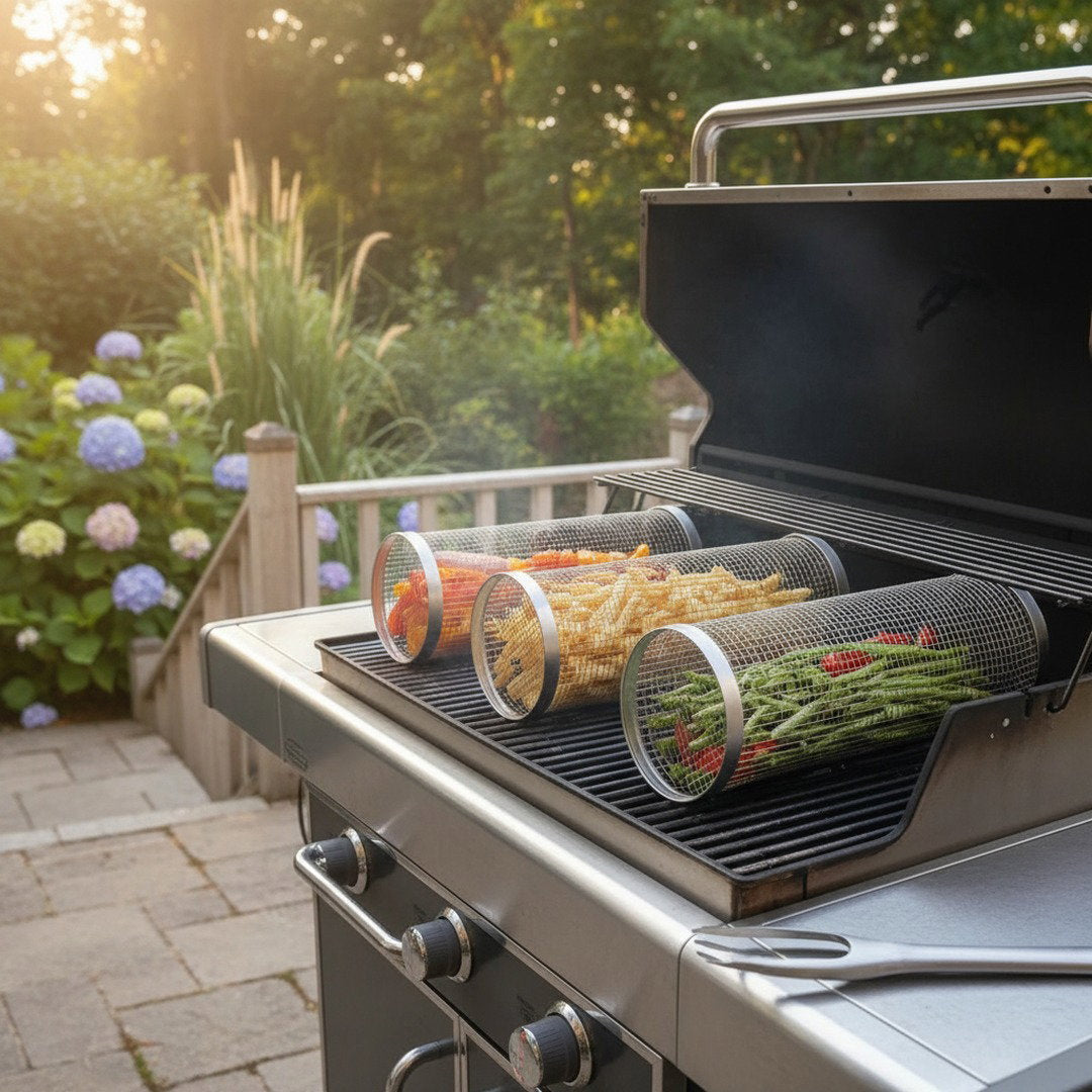 Grillkorb Edelstahl | BBQ-Grillkorb mit Drehverschluss | Set von 2 für einfaches Grillen 4