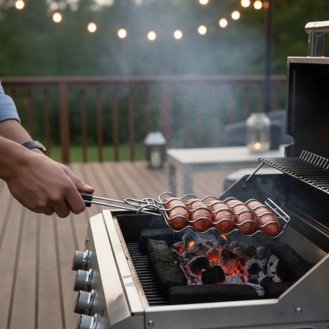 Grillzubehör | Wurst Grillrost mit Hitzebeständigem Holzgriff | Robustes Design für Perfekte Grillgerichte 0