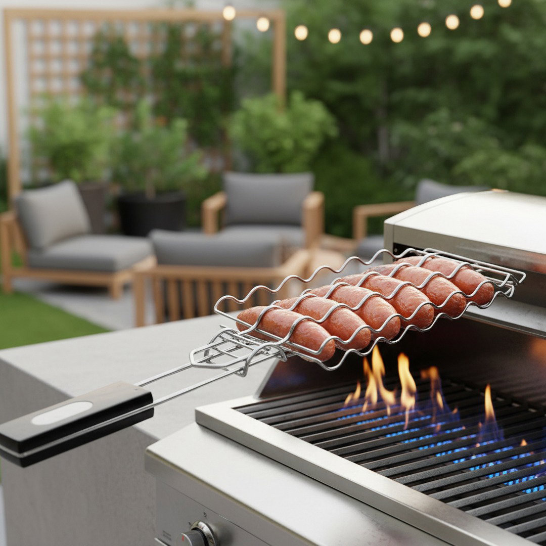 Grillzubehör | Wurst Grillrost mit Hitzebeständigem Holzgriff | Robustes Design für Perfekte Grillgerichte 0