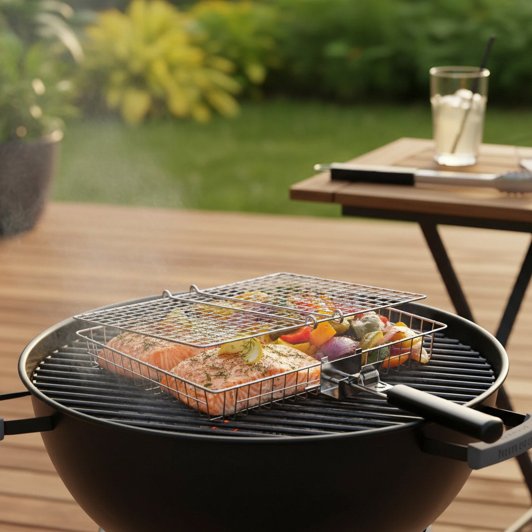 Tragbares Grillzubehör | Edelstahl Grillgitter mit Hitzebeständigem Griff | Ideal für Fisch und Gemüse beim Camping 4